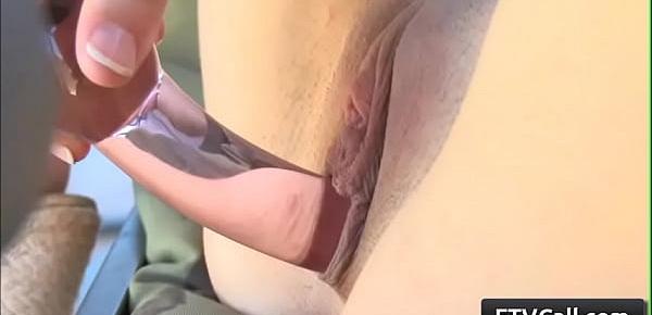  Sexy blonde with nice natural big boobs Blake fuck her juicy pussy with glass dildo outdoors
